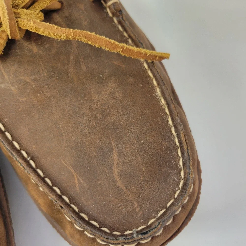 LL Bean Mens Brown‎ Leather Moccasin Slippers Cozy Plaid Lined Size 9